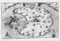 Mapa de la isla de Utopía tal como se describe al comienzo del libro II de Tomás Moro. Archivo en Wikimedia Commons