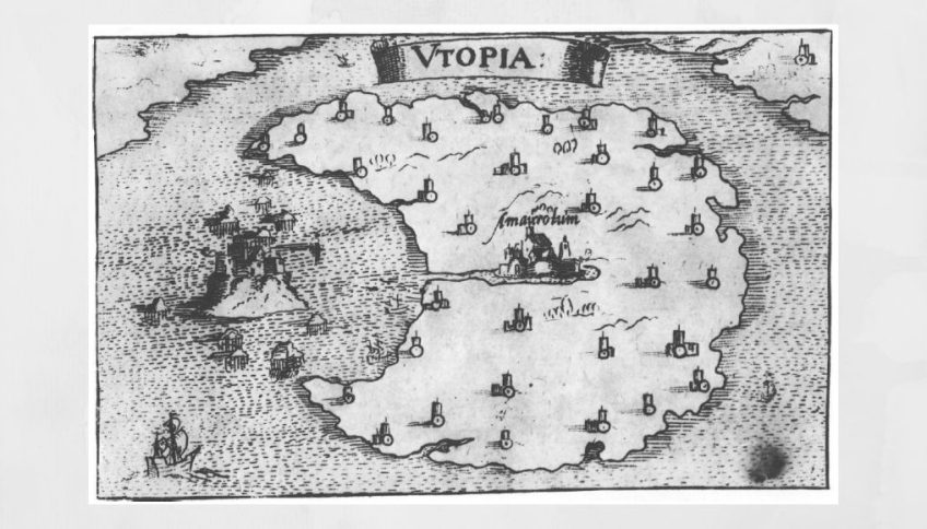 Mapa de la isla de Utopía tal como se describe al comienzo del libro II de Tomás Moro. Archivo en Wikimedia Commons