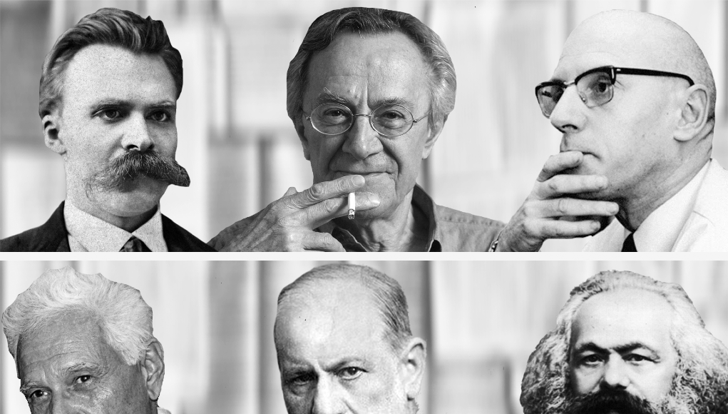 Arriba: Nietzsche, Lyotard, Foucault. Abajo: Derrida, Freud, Marx