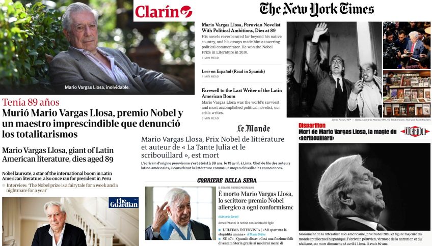 Mosaico con algunas de las informaciones de la muerte de Vargas Llosa en la prensa internacional