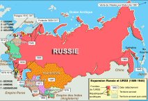 Expansión rusa entre 1809 y 1945. Licencia de Wikimedia Commons. Se puede consultar aquí: https://commons.wikimedia.org/wiki/File:Expansion-Russie-et-URSS.png