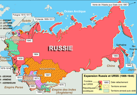 Expansión rusa entre 1809 y 1945. Licencia de Wikimedia Commons. Se puede consultar aquí: https://commons.wikimedia.org/wiki/File:Expansion-Russie-et-URSS.png
