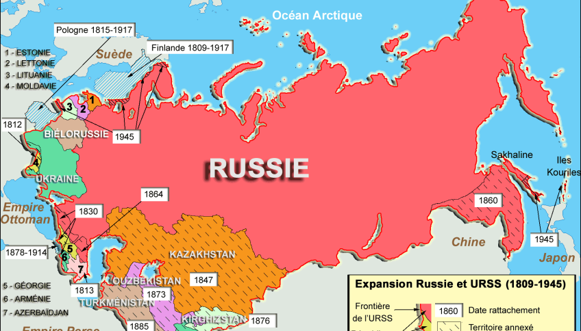 Expansión rusa entre 1809 y 1945. Licencia de Wikimedia Commons. Se puede consultar aquí: https://commons.wikimedia.org/wiki/File:Expansion-Russie-et-URSS.png