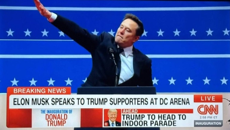 Elon Musk hace un saludo que causó mucha controversia en el discurso de la toma de posesión de Donald Trump. Captura de la CNN