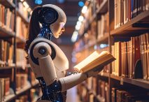 Imagen de un robot en una biblioteca, generada con ayuda de ChatGPT y Adobe Firefly