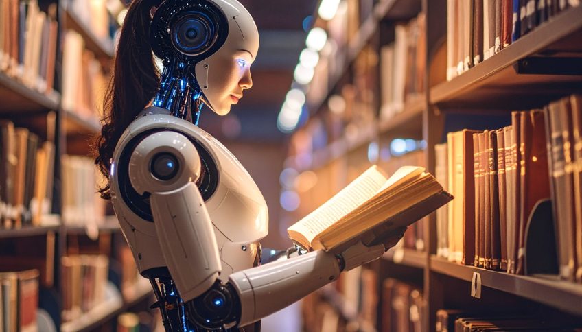 Imagen de un robot en una biblioteca, generada con ayuda de ChatGPT y Adobe Firefly