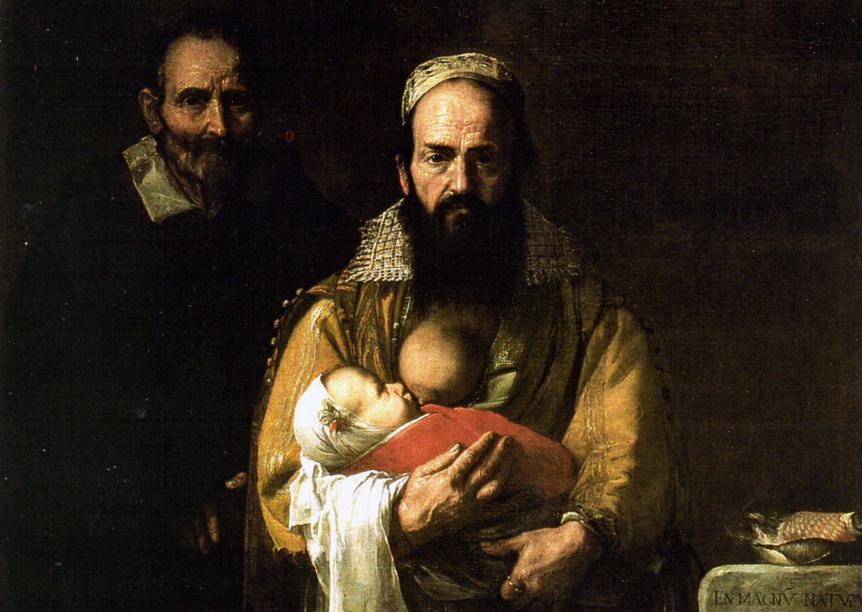 Fragmento de Magdalena Ventura con su marido (La mujer barbuda) de Ribera. En depósito en el Museo del Prado.