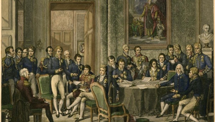 Grabado coloreado a partir de una acuarela de Jean-Baptiste Isabey del Congreso de Viena.