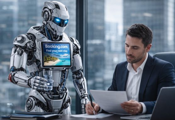 Imagen de un asistente de inteligencia artificial, con publicidad incluida, generada por ChatGPT