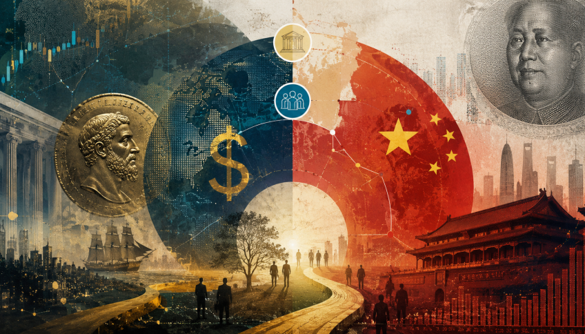 Collage económico: dólar, China y Creso (generado con ChatGPT)